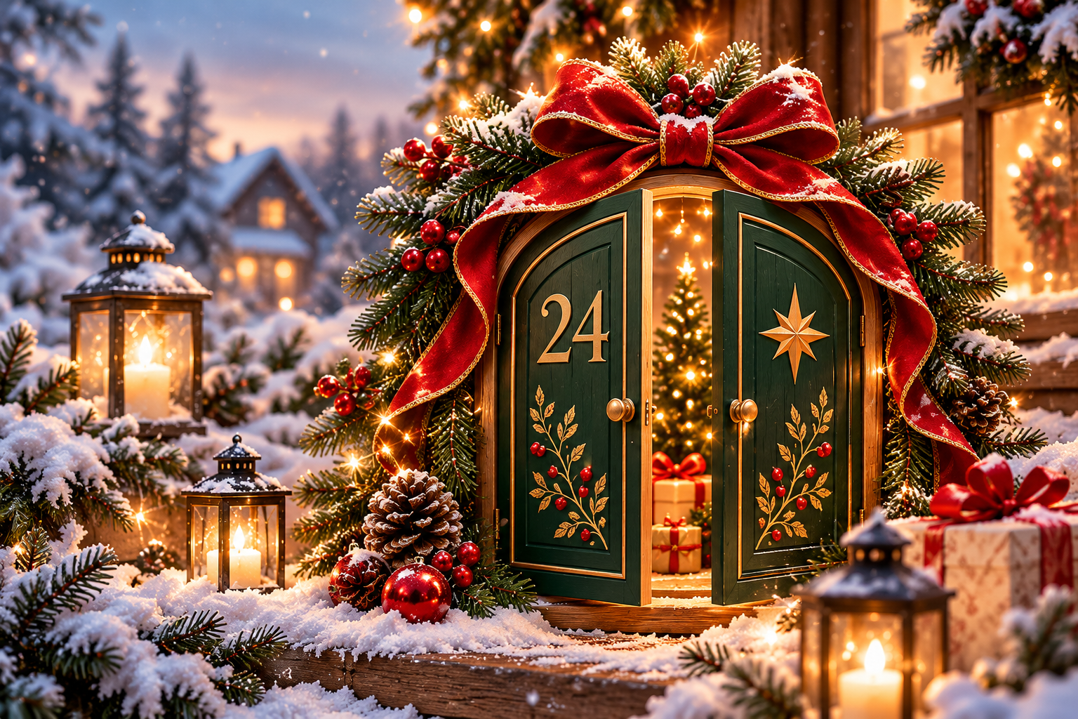 Öppnad julkalenderlucka med julgransljus och presenter